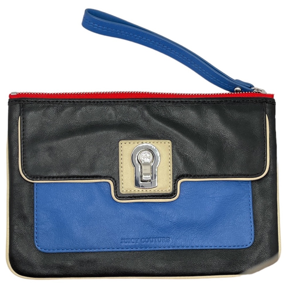 Juicy Couture Retro Clutch Bag Wristlet Blue Black Red Leather 9 3/4” X 6 1/2”